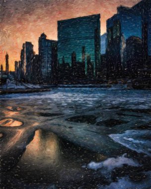 Gerçek resim modern sanatsal sanat eserleri Şikago ABD Petrol Şehri gökdelenleri ve mimarisinde çizim, Amerika şehir merkezine seyahat, tuval veya kağıt poster için duvar resimleri, turizm üretim tasarımı