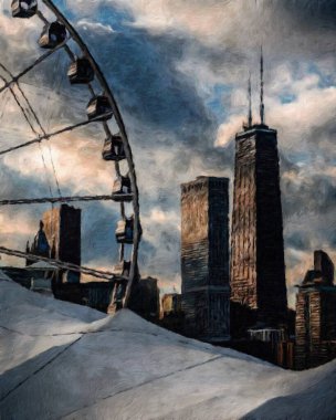 Gerçek resim modern sanatsal sanat eserleri Şikago ABD Petrol Şehri gökdelenleri ve mimarisinde çizim, Amerika şehir merkezine seyahat, tuval veya kağıt poster için duvar resimleri, turizm üretim tasarımı