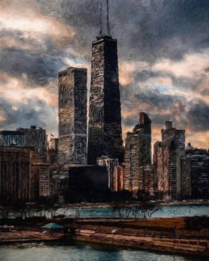 Gerçek resim modern sanatsal sanat eserleri Şikago ABD Petrol Şehri gökdelenleri ve mimarisinde çizim, Amerika şehir merkezine seyahat, tuval veya kağıt poster için duvar resimleri, turizm üretim tasarımı