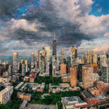 Gerçek resim modern sanatsal sanat eserleri Şikago ABD Petrol Şehri gökdelenleri ve mimarisinde çizim, Amerika şehir merkezine seyahat, tuval veya kağıt poster için duvar resimleri, turizm üretim tasarımı