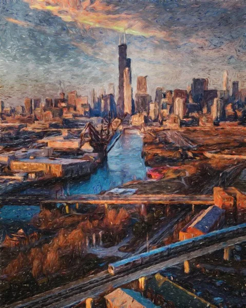 Gerçek resim modern sanatsal sanat eserleri Şikago ABD Petrol Şehri gökdelenleri ve mimarisinde çizim, Amerika şehir merkezine seyahat, tuval veya kağıt poster için duvar resimleri, turizm üretim tasarımı