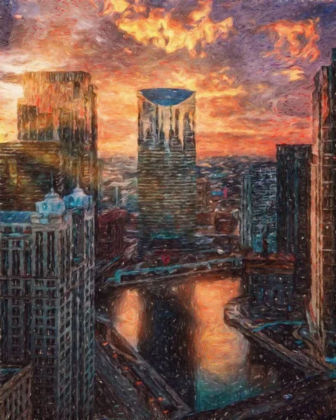 Real Painting Modern Artistiek Kunstwerk Chicago Usa Tekening Oliecentrum Wolkenkrabbers — Stockfoto