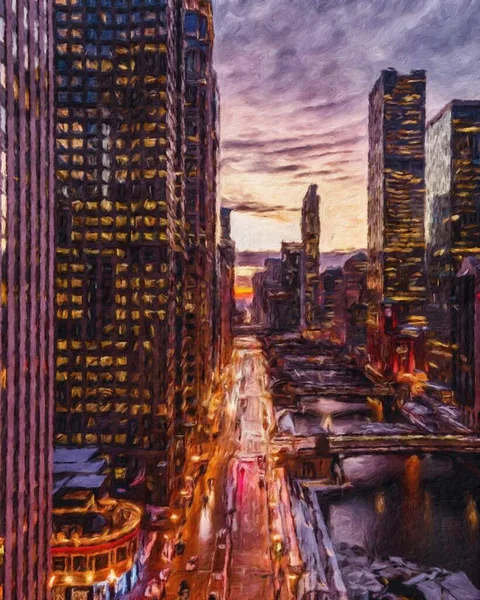 本物の絵画現代美術作品シカゴアメリカは オイルシティセンターの高層ビルや建築物で描く アメリカ旅行ダウンタウン キャンバスや紙のポスターのための壁のアートプリント 観光制作デザイン — ストック写真