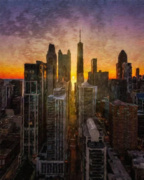 Gerçek resim modern sanatsal sanat eserleri Şikago ABD Petrol Şehri gökdelenleri ve mimarisinde çizim, Amerika şehir merkezine seyahat, tuval veya kağıt poster için duvar resimleri, turizm üretim tasarımı