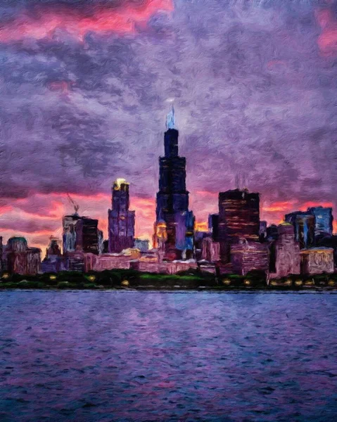 Gerçek resim modern sanatsal sanat eserleri Şikago ABD Petrol Şehri gökdelenleri ve mimarisinde çizim, Amerika şehir merkezine seyahat, tuval veya kağıt poster için duvar resimleri, turizm üretim tasarımı