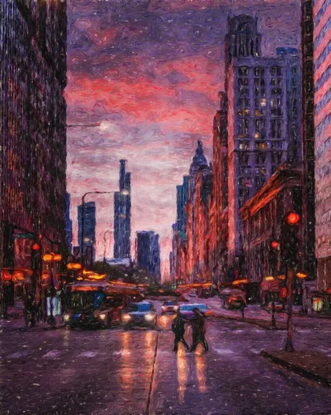 Gerçek resim modern sanatsal sanat eserleri Şikago ABD Petrol Şehri gökdelenleri ve mimarisinde çizim, Amerika şehir merkezine seyahat, tuval veya kağıt poster için duvar resimleri, turizm üretim tasarımı