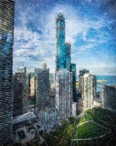 Gerçek resim modern sanatsal sanat eserleri Şikago ABD Petrol Şehri gökdelenleri ve mimarisinde çizim, Amerika şehir merkezine seyahat, tuval veya kağıt poster için duvar resimleri, turizm üretim tasarımı