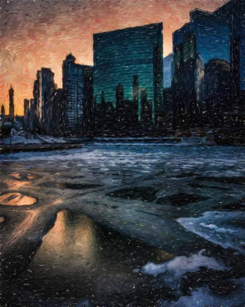 Реальний Живопис Сучасне Художнє Оформлення Chicago Usa Малюнок Центрі Нафти — стокове фото