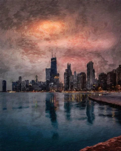 Gerçek resim modern sanatsal sanat eserleri Şikago ABD Petrol Şehri gökdelenleri ve mimarisinde çizim, Amerika şehir merkezine seyahat, tuval veya kağıt poster için duvar resimleri, turizm üretim tasarımı