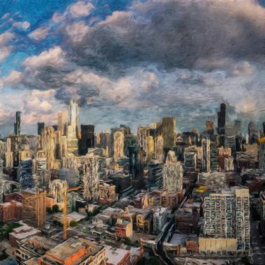 Gerçek resim modern sanatsal sanat eserleri Şikago ABD Petrol Şehri gökdelenleri ve mimarisinde çizim, Amerika şehir merkezine seyahat, tuval veya kağıt poster için duvar resimleri, turizm üretim tasarımı