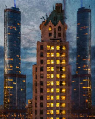 Gerçek resim modern sanatsal sanat eserleri Şikago ABD Petrol Şehri gökdelenleri ve mimarisinde çizim, Amerika şehir merkezine seyahat, tuval veya kağıt poster için duvar resimleri, turizm üretim tasarımı