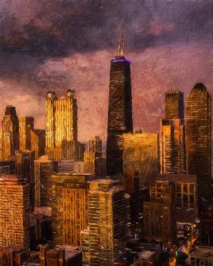 Gerçek resim modern sanatsal sanat eserleri Şikago ABD Petrol Şehri gökdelenleri ve mimarisinde çizim, Amerika şehir merkezine seyahat, tuval veya kağıt poster için duvar resimleri, turizm üretim tasarımı