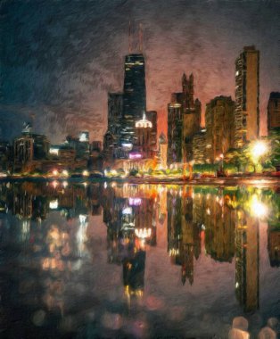 Gerçek resim modern sanatsal sanat eserleri Şikago ABD Petrol Şehri gökdelenleri ve mimarisinde çizim, Amerika şehir merkezine seyahat, tuval veya kağıt poster için duvar resimleri, turizm üretim tasarımı