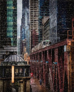 Gerçek resim modern sanatsal sanat eserleri Şikago ABD Petrol Şehri gökdelenleri ve mimarisinde çizim, Amerika şehir merkezine seyahat, tuval veya kağıt poster için duvar resimleri, turizm üretim tasarımı