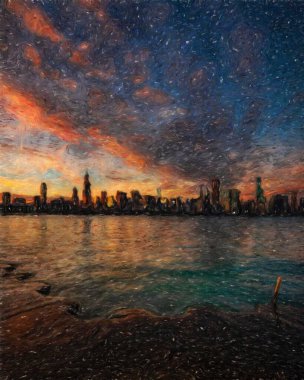 Gerçek resim modern sanatsal sanat eserleri Şikago ABD Petrol Şehri gökdelenleri ve mimarisinde çizim, Amerika şehir merkezine seyahat, tuval veya kağıt poster için duvar resimleri, turizm üretim tasarımı