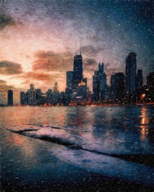 Gerçek resim modern sanatsal sanat eserleri Şikago ABD Petrol Şehri gökdelenleri ve mimarisinde çizim, Amerika şehir merkezine seyahat, tuval veya kağıt poster için duvar resimleri, turizm üretim tasarımı