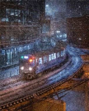 Gerçek resim modern sanatsal sanat eserleri Şikago ABD Petrol Şehri gökdelenleri ve mimarisinde çizim, Amerika şehir merkezine seyahat, tuval veya kağıt poster için duvar resimleri, turizm üretim tasarımı