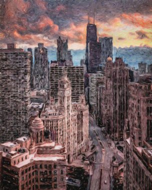 Gerçek resim modern sanatsal sanat eserleri Şikago ABD Petrol Şehri gökdelenleri ve mimarisinde çizim, Amerika şehir merkezine seyahat, tuval veya kağıt poster için duvar resimleri, turizm üretim tasarımı