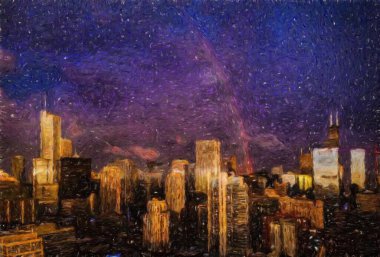 Gerçek resim modern sanatsal sanat eserleri Şikago ABD Petrol Şehri gökdelenleri ve mimarisinde çizim, Amerika şehir merkezine seyahat, tuval veya kağıt poster için duvar resimleri, turizm üretim tasarımı