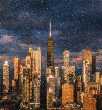 Gerçek resim modern sanatsal sanat eserleri Şikago ABD Petrol Şehri gökdelenleri ve mimarisinde çizim, Amerika şehir merkezine seyahat, tuval veya kağıt poster için duvar resimleri, turizm üretim tasarımı