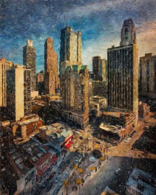 Gerçek resim modern sanatsal sanat eserleri Şikago ABD Petrol Şehri gökdelenleri ve mimarisinde çizim, Amerika şehir merkezine seyahat, tuval veya kağıt poster için duvar resimleri, turizm üretim tasarımı