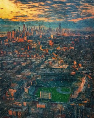 Gerçek resim modern sanatsal sanat eserleri Şikago ABD Petrol Şehri gökdelenleri ve mimarisinde çizim, Amerika şehir merkezine seyahat, tuval veya kağıt poster için duvar resimleri, turizm üretim tasarımı