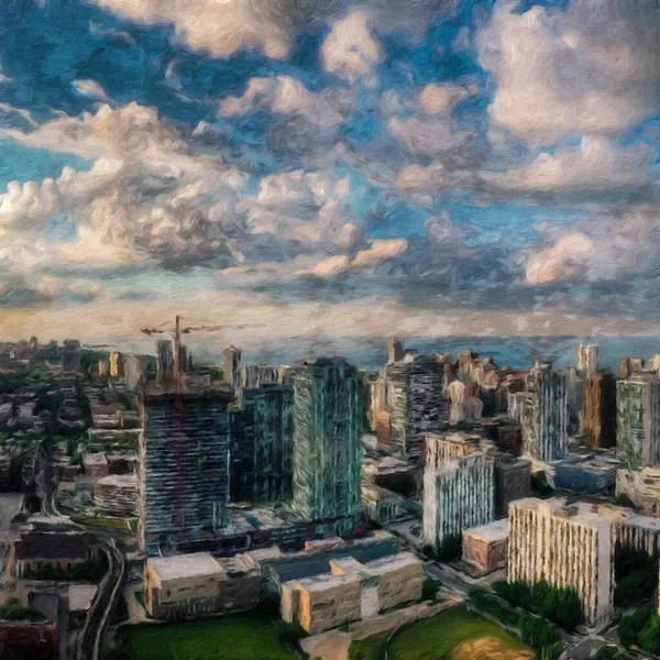 Gerçek resim modern sanatsal sanat eserleri Şikago ABD Petrol Şehri gökdelenleri ve mimarisinde çizim, Amerika şehir merkezine seyahat, tuval veya kağıt poster için duvar resimleri, turizm üretim tasarımı