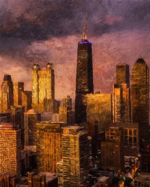 Pintura Real Arte Artístico Moderno Chicago Dibujo Centro Ciudad Del —  Fotos de Stock