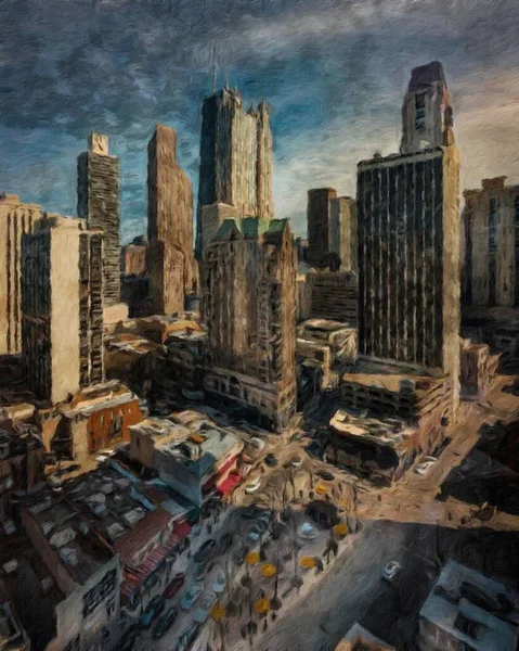 Gerçek resim modern sanatsal sanat eserleri Şikago ABD Petrol Şehri gökdelenleri ve mimarisinde çizim, Amerika şehir merkezine seyahat, tuval veya kağıt poster için duvar resimleri, turizm üretim tasarımı