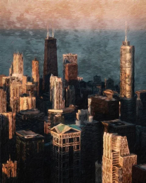 Pintura Real Arte Artístico Moderno Chicago Dibujo Centro Ciudad Del — Foto de Stock