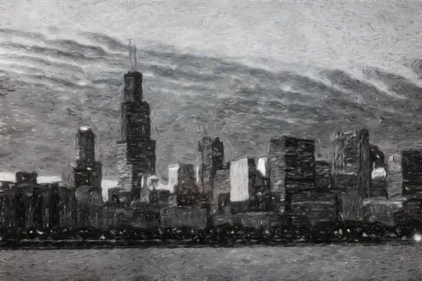 Real Painting Modern Artistiek Kunstwerk Chicago Usa Tekening Oliecentrum Wolkenkrabbers — Stockfoto