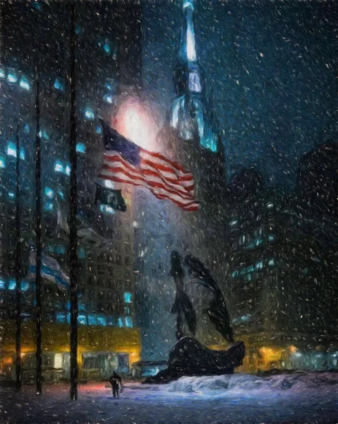 Gerçek resim modern sanatsal sanat eserleri Şikago ABD Petrol Şehri gökdelenleri ve mimarisinde çizim, Amerika şehir merkezine seyahat, tuval veya kağıt poster için duvar resimleri, turizm üretim tasarımı