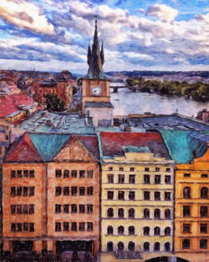 Prag 'da, petrol kenti merkezindeki klasik evler ve mimari, Avrupa seyahati, tuval veya kağıt poster için duvar resimleri, turizm üretim tasarımı