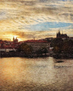 Prag 'da, petrol kenti merkezindeki klasik evler ve mimari, Avrupa seyahati, tuval veya kağıt poster için duvar resimleri, turizm üretim tasarımı