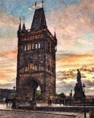 Prag 'da, petrol kenti merkezindeki klasik evler ve mimari, Avrupa seyahati, tuval veya kağıt poster için duvar resimleri, turizm üretim tasarımı