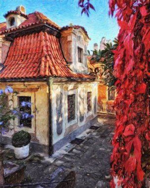 Prag 'da, petrol kenti merkezindeki klasik evler ve mimari, Avrupa seyahati, tuval veya kağıt poster için duvar resimleri, turizm üretim tasarımı