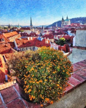 Prag 'da, petrol kenti merkezindeki klasik evler ve mimari, Avrupa seyahati, tuval veya kağıt poster için duvar resimleri, turizm üretim tasarımı