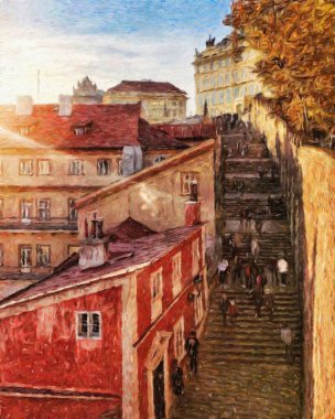 Prag 'da, petrol kenti merkezindeki klasik evler ve mimari, Avrupa seyahati, tuval veya kağıt poster için duvar resimleri, turizm üretim tasarımı