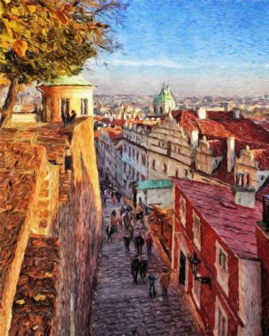 Prag 'da, petrol kenti merkezindeki klasik evler ve mimari, Avrupa seyahati, tuval veya kağıt poster için duvar resimleri, turizm üretim tasarımı
