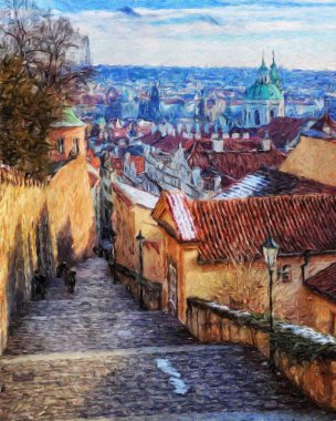 Prag 'da, petrol kenti merkezindeki klasik evler ve mimari, Avrupa seyahati, tuval veya kağıt poster için duvar resimleri, turizm üretim tasarımı