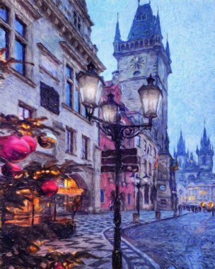 Prag 'da, petrol kenti merkezindeki klasik evler ve mimari, Avrupa seyahati, tuval veya kağıt poster için duvar resimleri, turizm üretim tasarımı