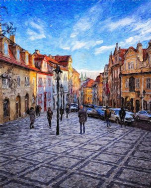 Prag 'da, petrol kenti merkezindeki klasik evler ve mimari, Avrupa seyahati, tuval veya kağıt poster için duvar resimleri, turizm üretim tasarımı