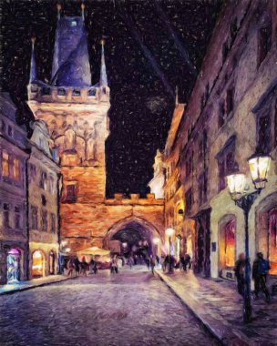 Prag 'da, petrol kenti merkezindeki klasik evler ve mimari, Avrupa seyahati, tuval veya kağıt poster için duvar resimleri, turizm üretim tasarımı