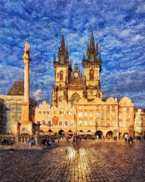 Pintura Real Arte Artístico Moderno Dibujo Praga Chequia Centro Ciudad — Foto de Stock