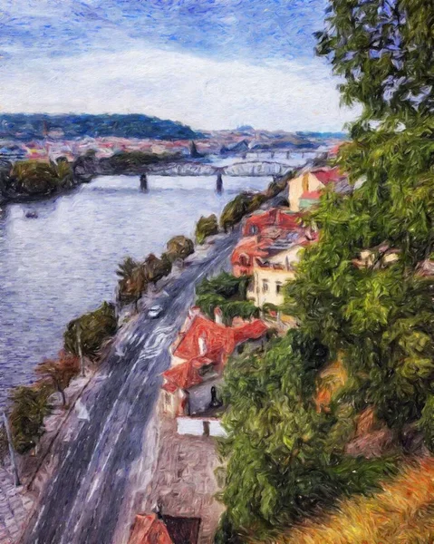 Echte Malerei Moderne Künstlerische Kunstwerk Prag Tschechien Zeichnung Stadtzentrum Vintage — Stockfoto