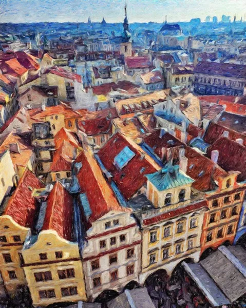 Echte Malerei Moderne Künstlerische Kunstwerk Prag Tschechien Zeichnung Stadtzentrum Vintage — Stockfoto