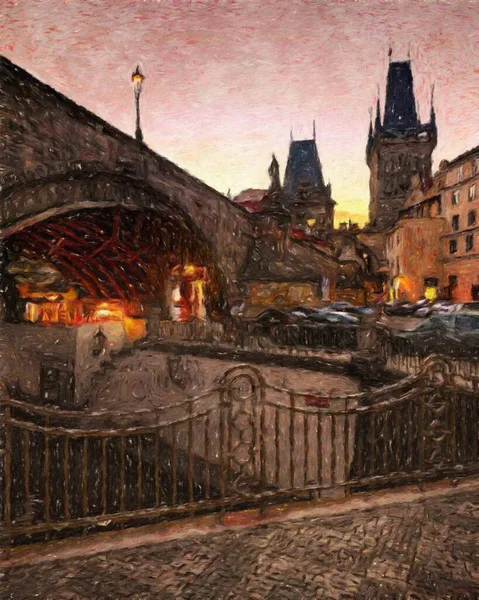 真正的绘画现代艺术布拉格捷克在石油城市中心的绘画古董店和建筑 欧洲旅行 油画或纸制海报的墙面艺术印刷品 旅游生产设计 — 图库照片