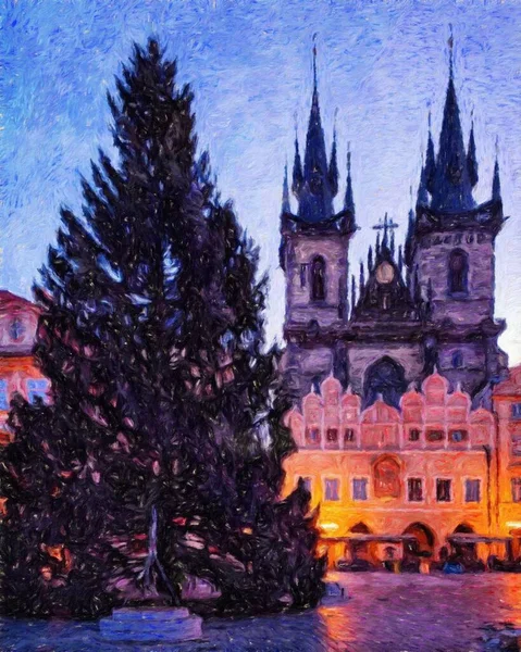 真正的绘画现代艺术布拉格捷克在石油城市中心的绘画古董店和建筑 欧洲旅行 油画或纸制海报的墙面艺术印刷品 旅游生产设计 — 图库照片