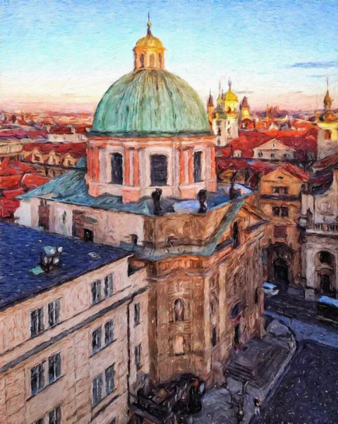 Prag 'da, petrol kenti merkezindeki klasik evler ve mimari, Avrupa seyahati, tuval veya kağıt poster için duvar resimleri, turizm üretim tasarımı