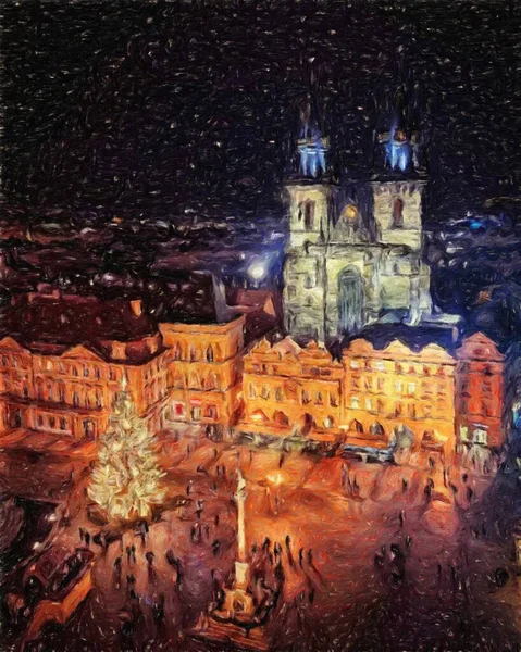 Peinture Véritable Art Moderne Prague Tchéquie Dessin Huile Centre Ville — Photo